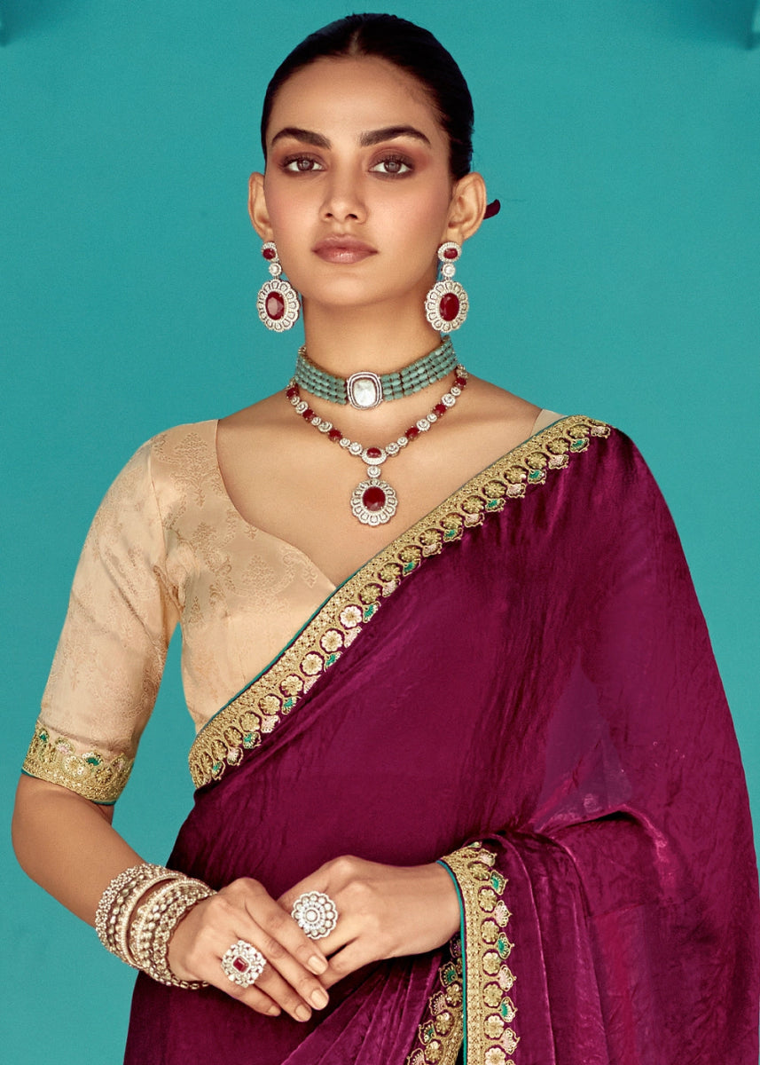 Boysenberry Purple Tissue Silk Saree with Exquisite Embroidery - House of Sarvati LLC