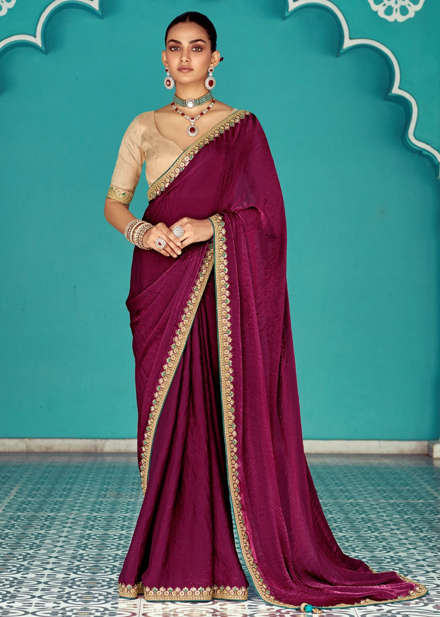 Boysenberry Purple Tissue Silk Saree with Exquisite Embroidery - House of Sarvati LLC