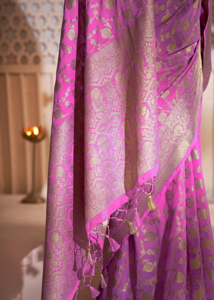 Bright Pink Banarasi - Style Saree in Georgette Silk with Zari Embellishments - House of Sarvati LLC