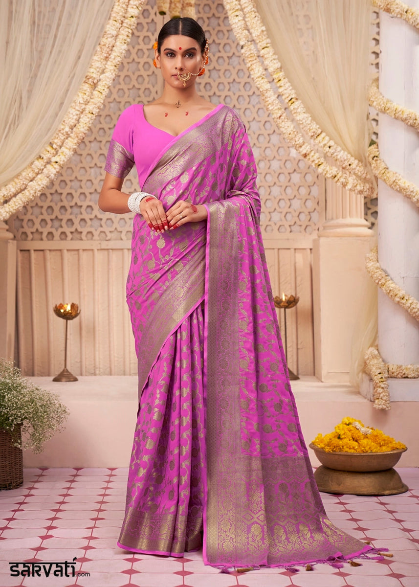 Bright Pink Banarasi - Style Saree in Georgette Silk with Zari Embellishments - House of Sarvati LLC