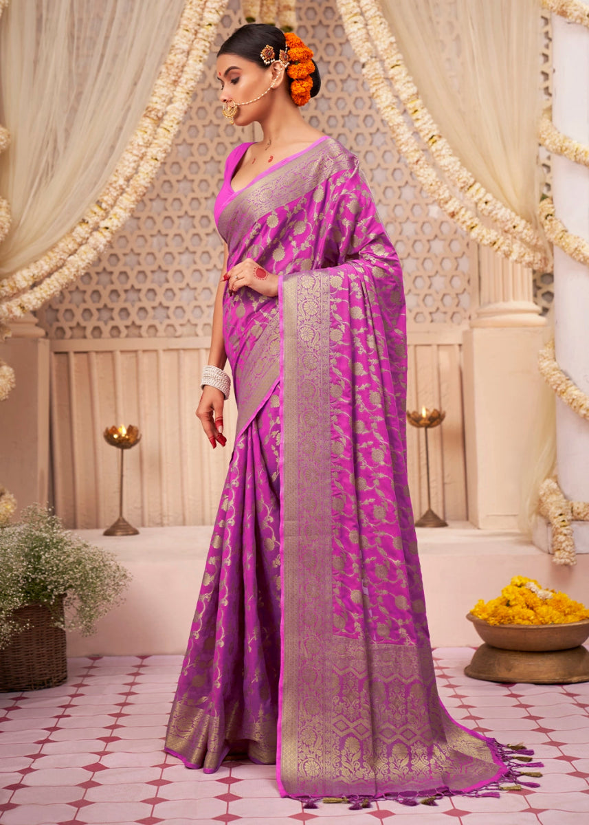 Bright Pink Banarasi - Style Saree in Georgette Silk with Zari Embellishments - House of Sarvati LLC
