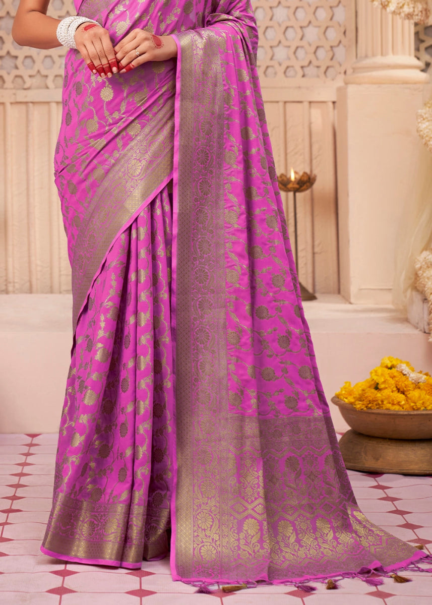 Bright Pink Banarasi - Style Saree in Georgette Silk with Zari Embellishments - House of Sarvati LLC