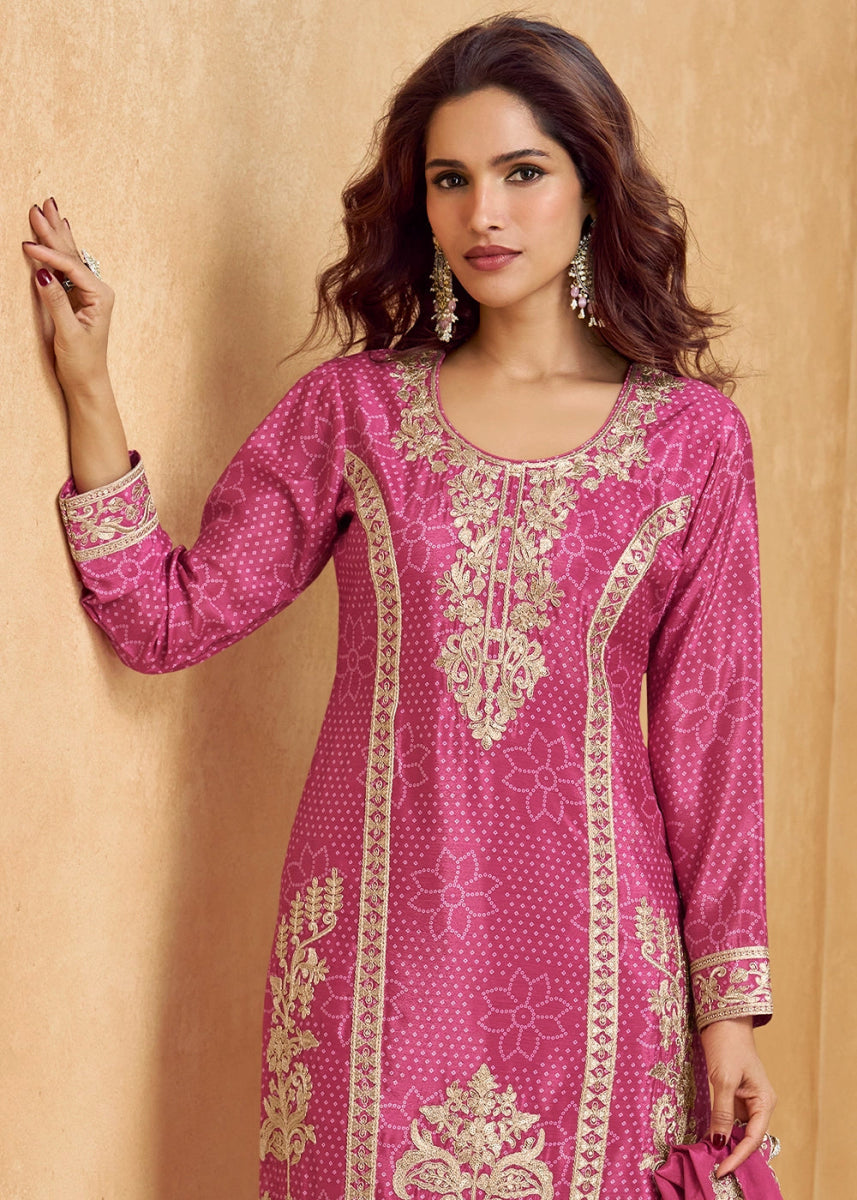 Bright Pink Embroidered Chinon Silk Palazzo Suit with Bandhani Print - House of Sarvati LLC