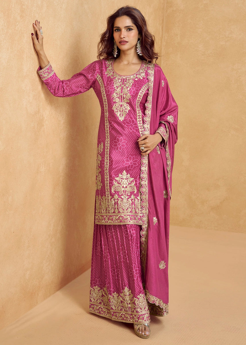 Bright Pink Embroidered Chinon Silk Palazzo Suit with Bandhani Print - House of Sarvati LLC