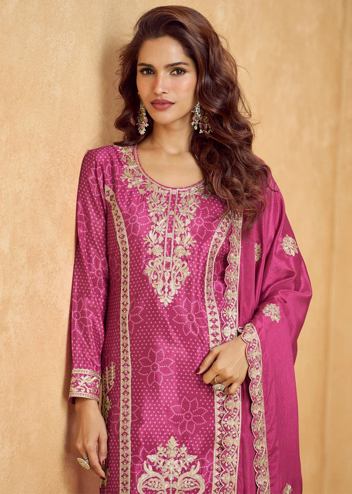 Bright Pink Embroidered Chinon Silk Palazzo Suit with Bandhani Print - House of Sarvati LLC