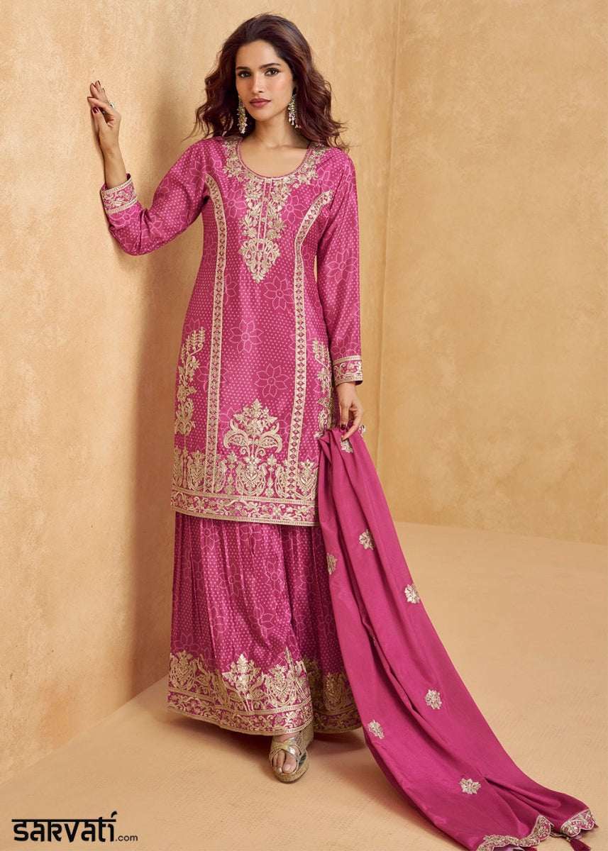 Bright Pink Embroidered Chinon Silk Palazzo Suit with Bandhani Print - House of Sarvati LLC