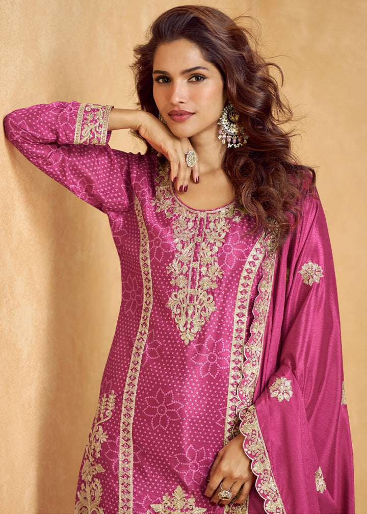 Bright Pink Embroidered Chinon Silk Palazzo Suit with Bandhani Print - House of Sarvati LLC