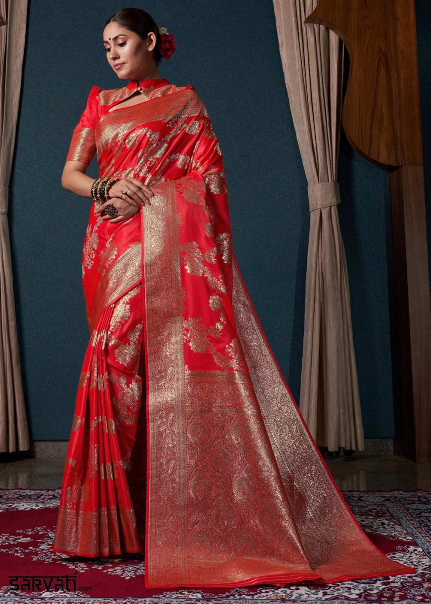 Bright Red Banarasi - Style Satin Silk Saree with Zari work - House of Sarvati LLC