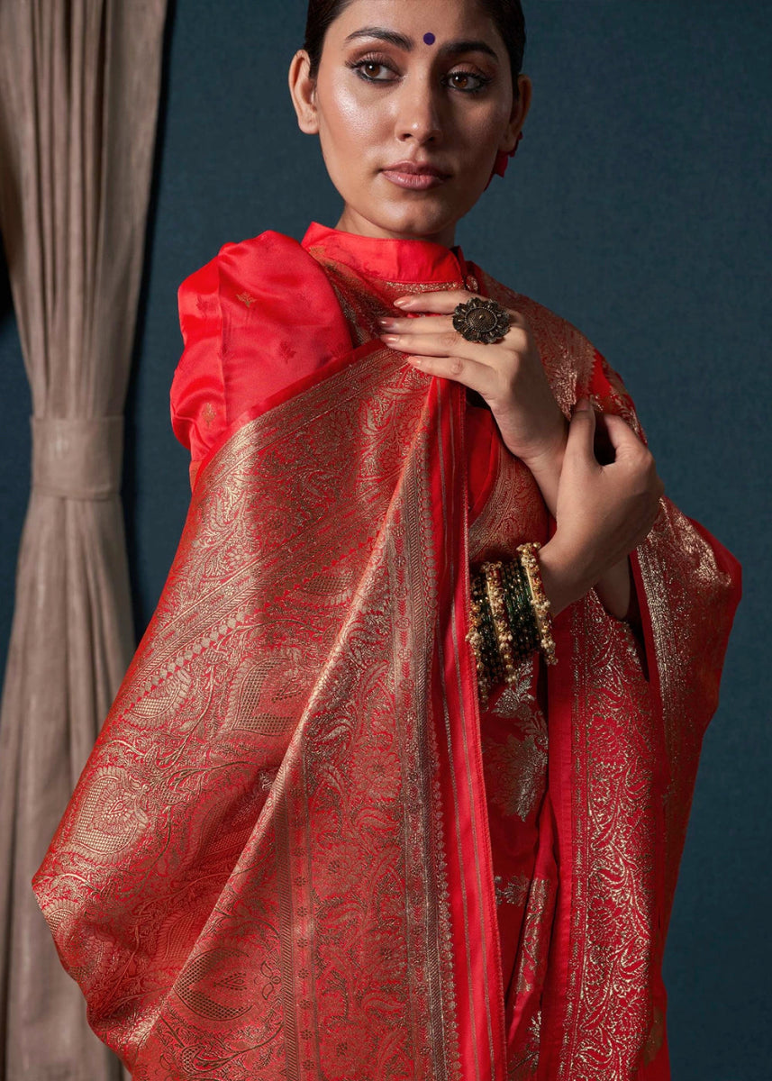 Bright Red Banarasi - Style Satin Silk Saree with Zari work - House of Sarvati LLC