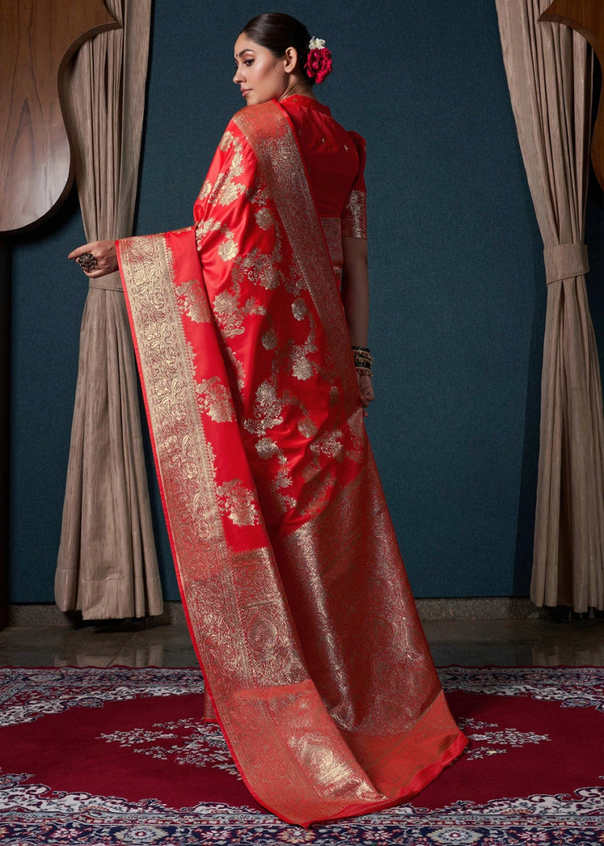 Bright Red Banarasi - Style Satin Silk Saree with Zari work - House of Sarvati LLC