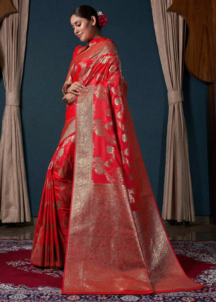 Bright Red Banarasi - Style Satin Silk Saree with Zari work - House of Sarvati LLC