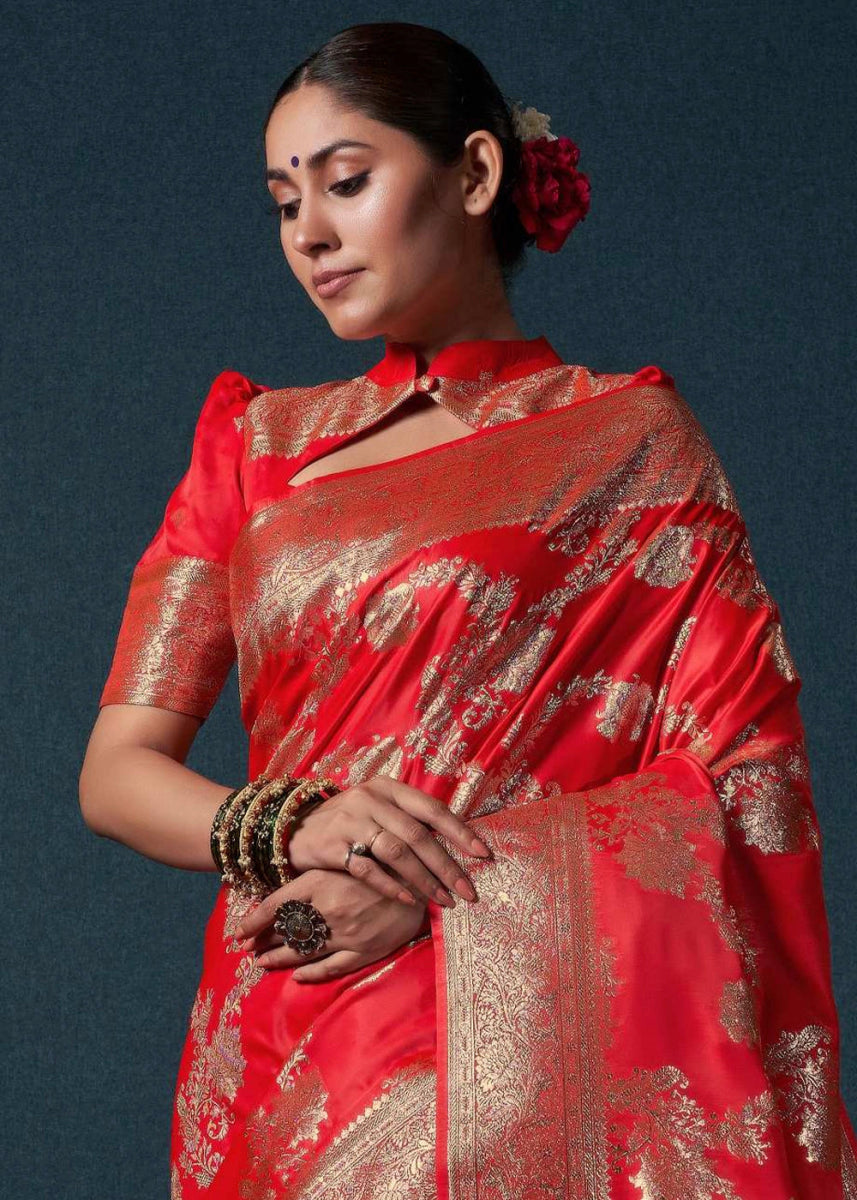 Bright Red Banarasi - Style Satin Silk Saree with Zari work - House of Sarvati LLC
