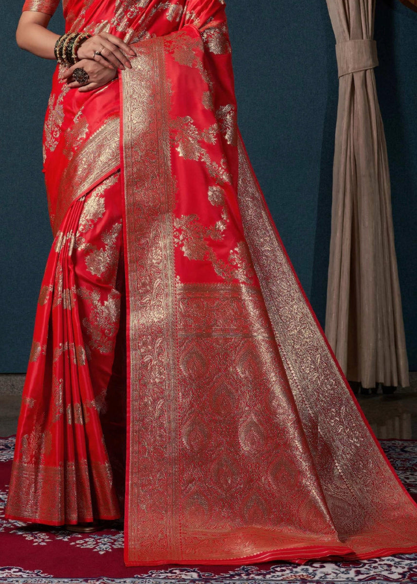 Bright Red Banarasi - Style Satin Silk Saree with Zari work - House of Sarvati LLC