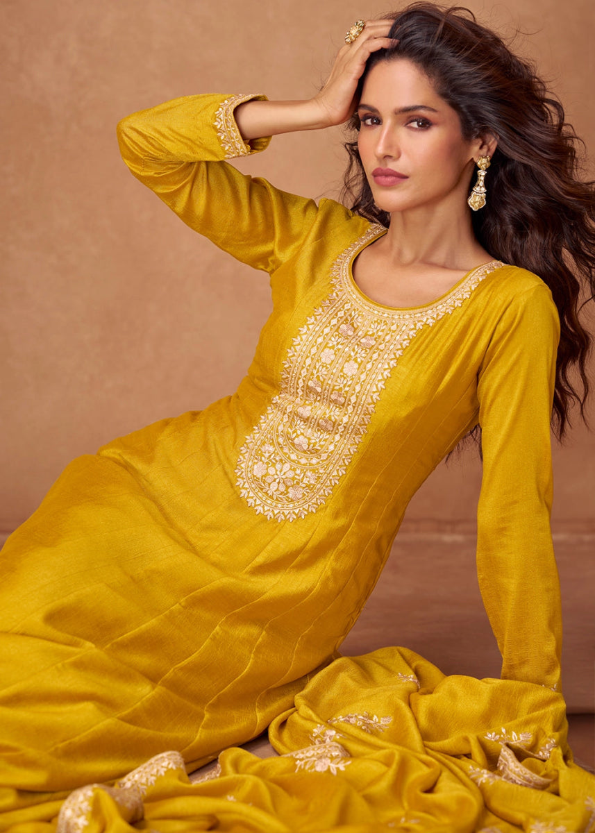 Bright Yellow Silk Anarkali Gown with Handcrafted Embroidery - House of Sarvati LLC