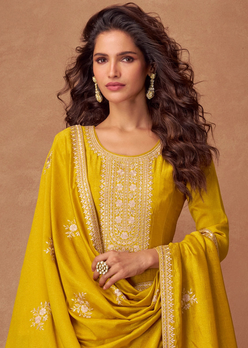 Bright Yellow Silk Anarkali Gown with Handcrafted Embroidery - House of Sarvati LLC