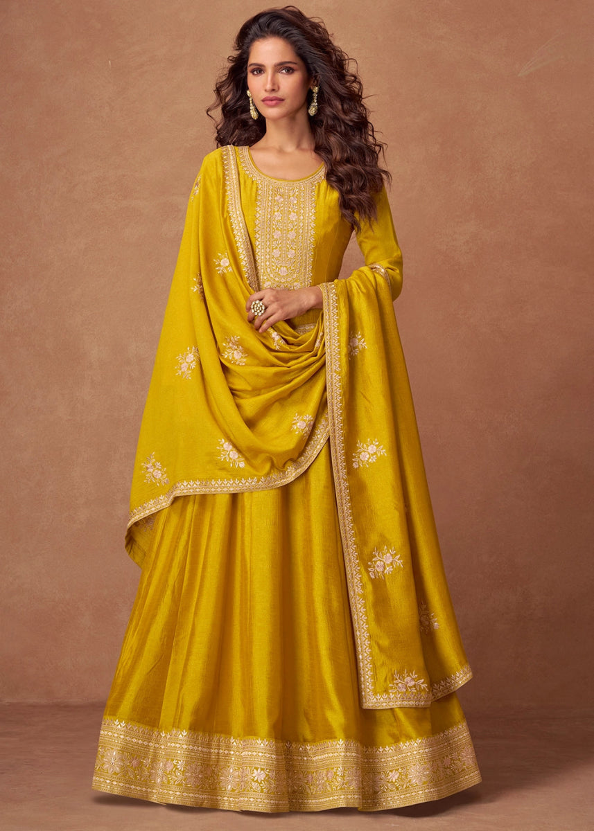 Bright Yellow Silk Anarkali Gown with Handcrafted Embroidery - House of Sarvati LLC