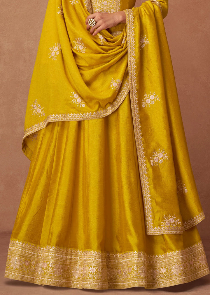 Bright Yellow Silk Anarkali Gown with Handcrafted Embroidery - House of Sarvati LLC