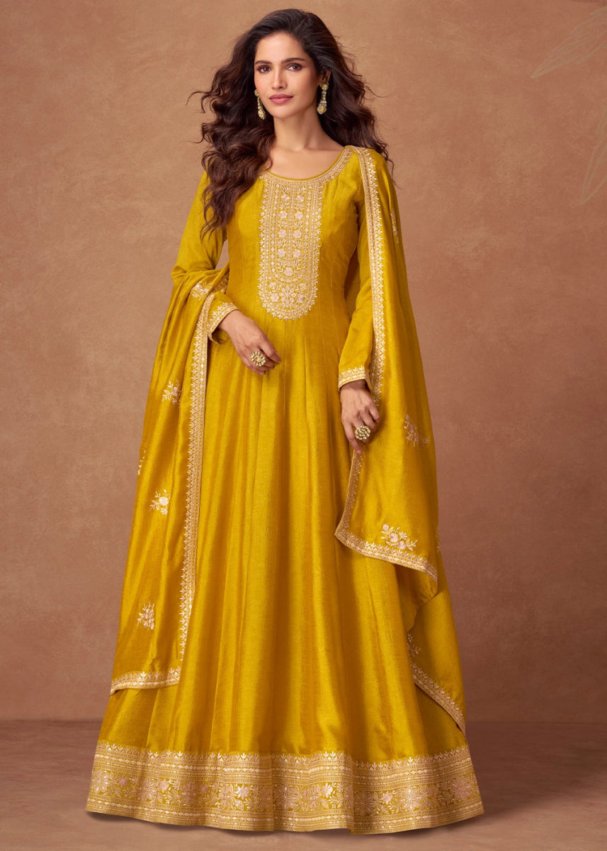 Bright Yellow Silk Anarkali Gown with Handcrafted Embroidery - House of Sarvati LLC