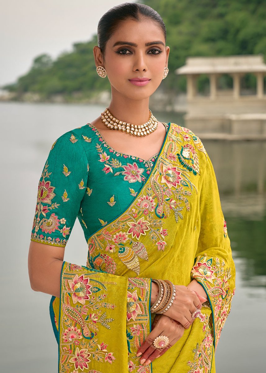 Bright Yellow Viscose Silk Saree with Intricate Cutwork & Embroidery - House of Sarvati LLC