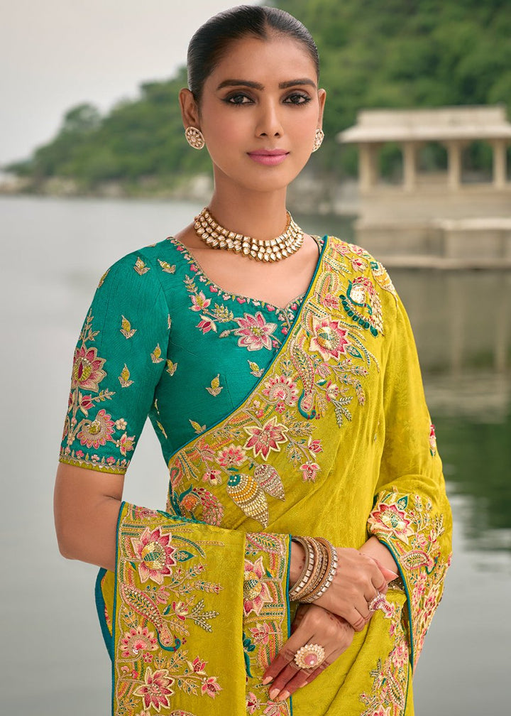 Bright Yellow Viscose Silk Saree with Intricate Cutwork & Embroidery - House of Sarvati LLC