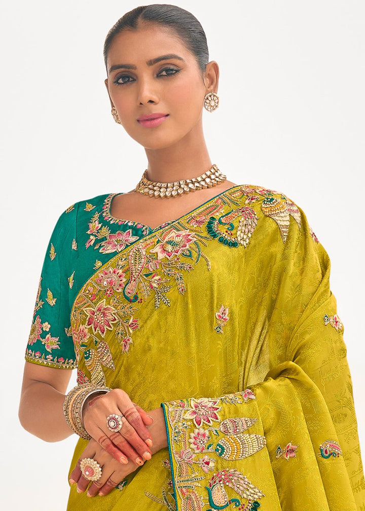 Bright Yellow Viscose Silk Saree with Intricate Cutwork & Embroidery - House of Sarvati LLC