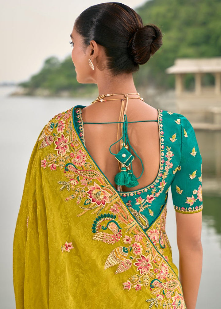 Bright Yellow Viscose Silk Saree with Intricate Cutwork & Embroidery - House of Sarvati LLC