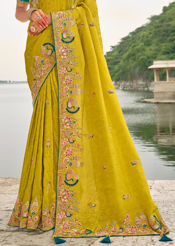 Bright Yellow Viscose Silk Saree with Intricate Cutwork & Embroidery - House of Sarvati LLC