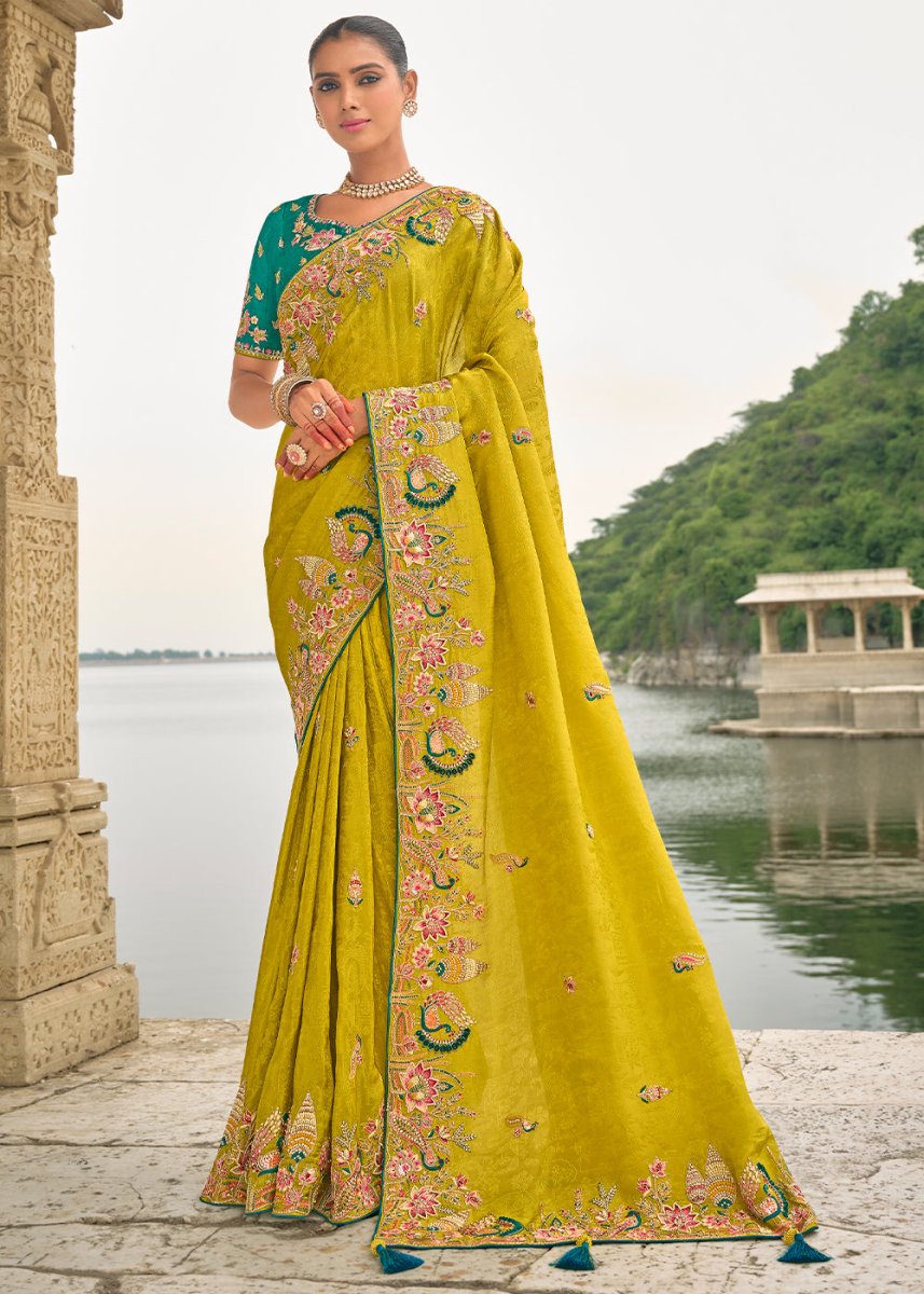 Bright Yellow Viscose Silk Saree with Intricate Cutwork & Embroidery - House of Sarvati LLC