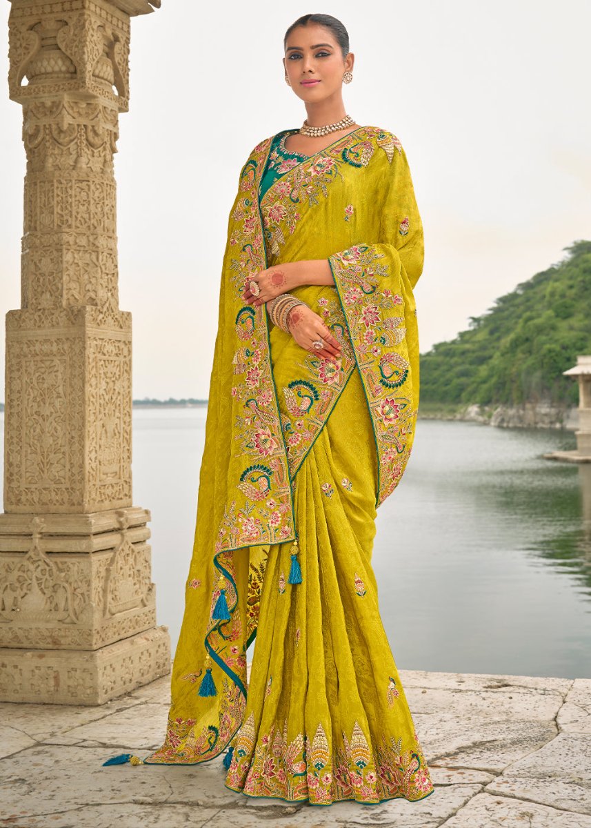 Bright Yellow Viscose Silk Saree with Intricate Cutwork & Embroidery - House of Sarvati LLC