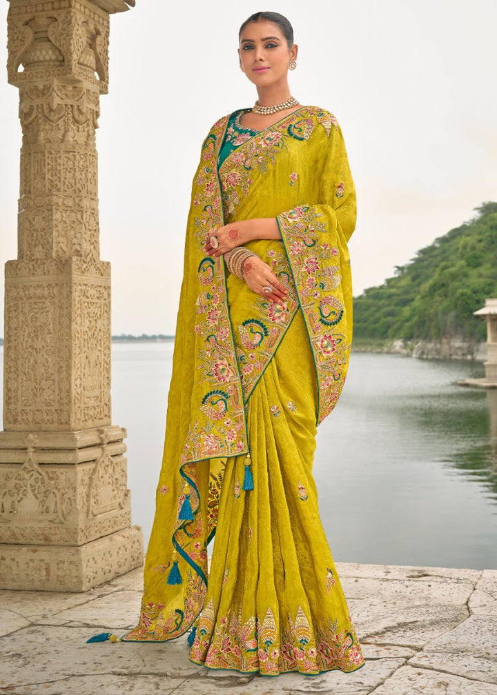 Bright Yellow Viscose Silk Saree with Intricate Cutwork & Embroidery - House of Sarvati LLC