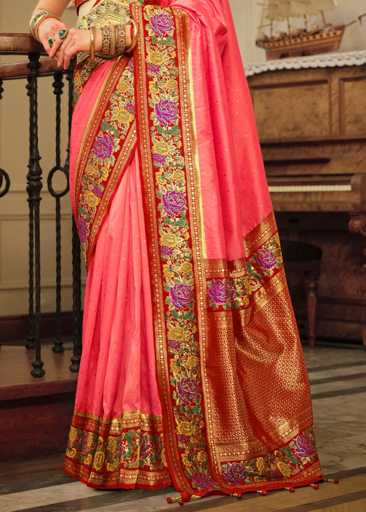 Brink Pink Banarasi Silk Saree With Jacquard Butti Weaving And Meenakari Border & Pallu - House of Sarvati LLC