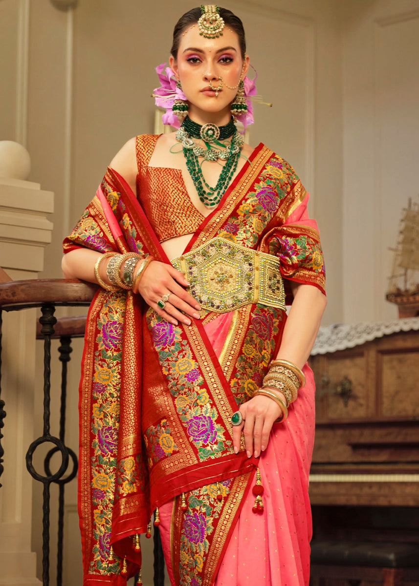 Brink Pink Banarasi Silk Saree With Jacquard Butti Weaving And Meenakari Border & Pallu - House of Sarvati LLC