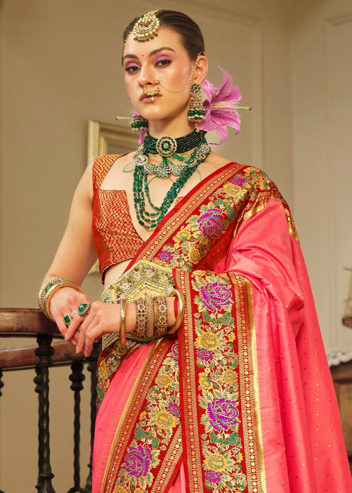 Brink Pink Banarasi Silk Saree With Jacquard Butti Weaving And Meenakari Border & Pallu - House of Sarvati LLC