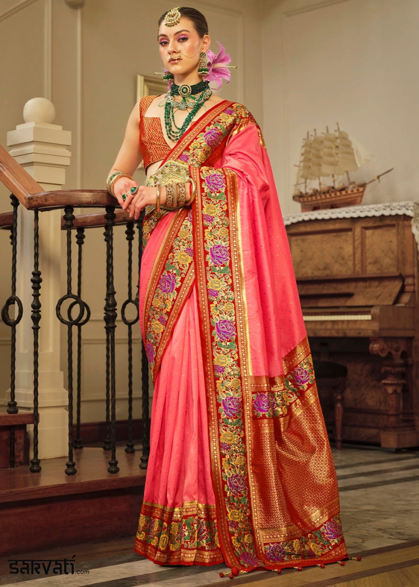 Brink Pink Banarasi Silk Saree With Jacquard Butti Weaving And Meenakari Border & Pallu - House of Sarvati LLC