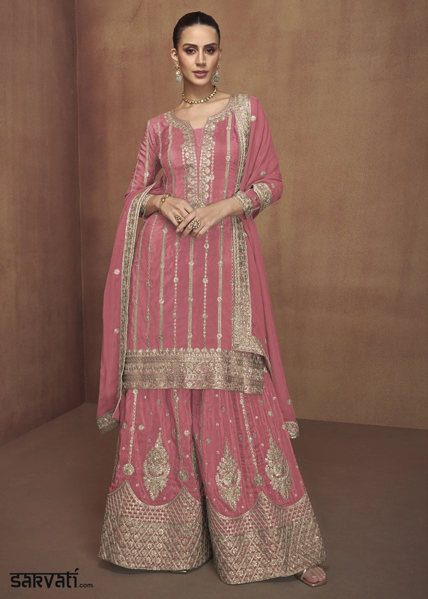 Brink Pink Festive Palazzo Suit in Soft Simar Silk with Embellishments - House of Sarvati LLC