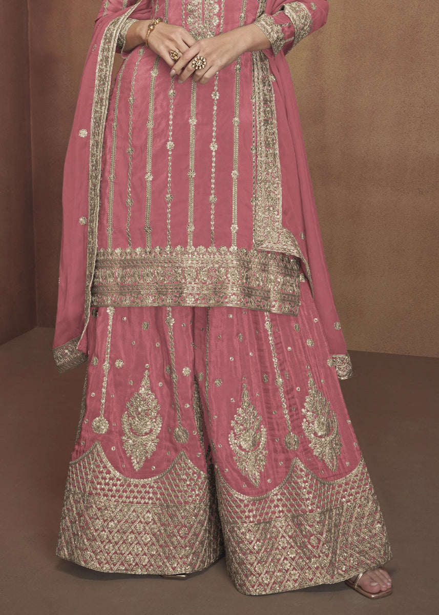 Brink Pink Festive Palazzo Suit in Soft Simar Silk with Embellishments - House of Sarvati LLC