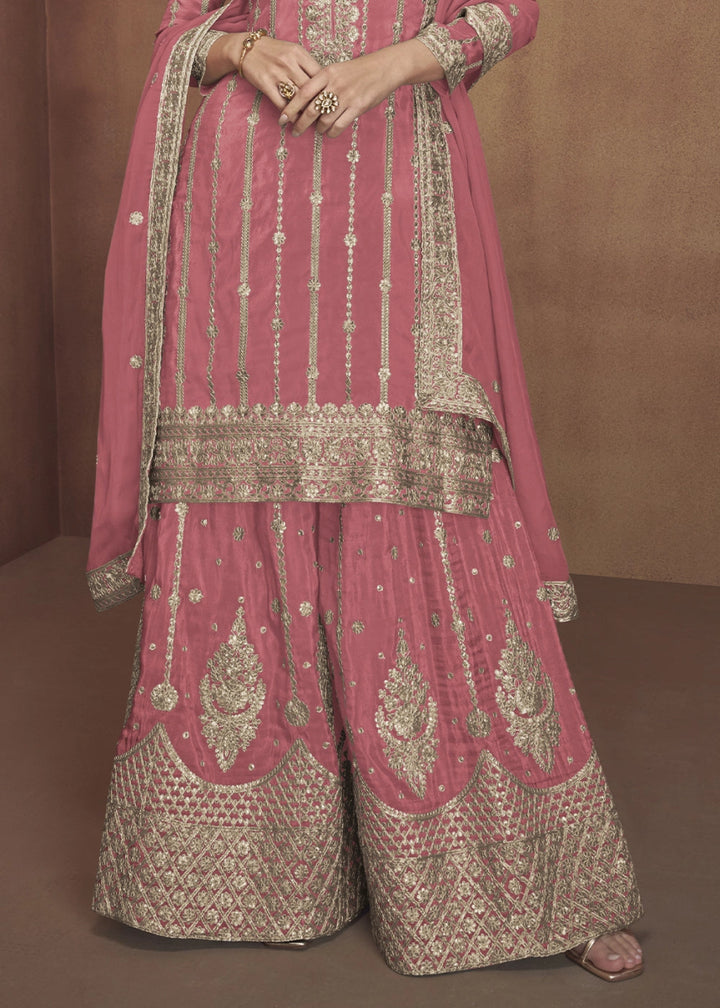Brink Pink Festive Palazzo Suit in Soft Simar Silk with Embellishments - House of Sarvati LLC