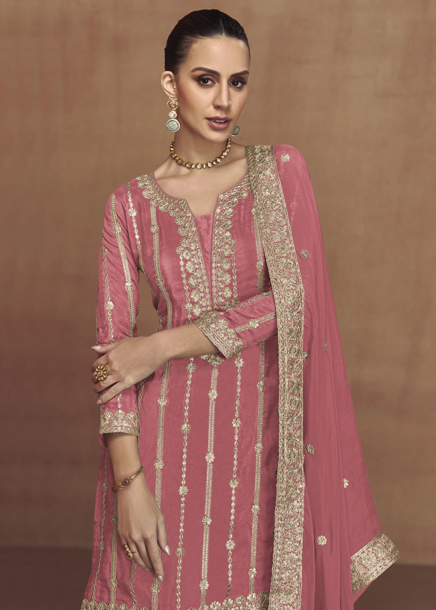 Brink Pink Festive Palazzo Suit in Soft Simar Silk with Embellishments - House of Sarvati LLC