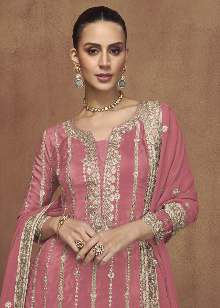 Brink Pink Festive Palazzo Suit in Soft Simar Silk with Embellishments - House of Sarvati LLC