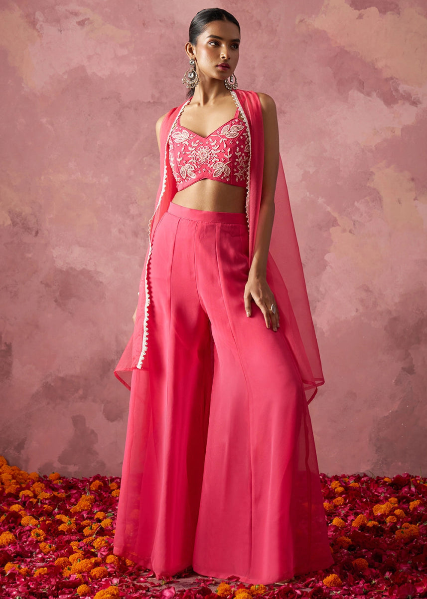 Brink Pink Georgette Sharara Set with Organza Cape & Embroidery - House of Sarvati LLC