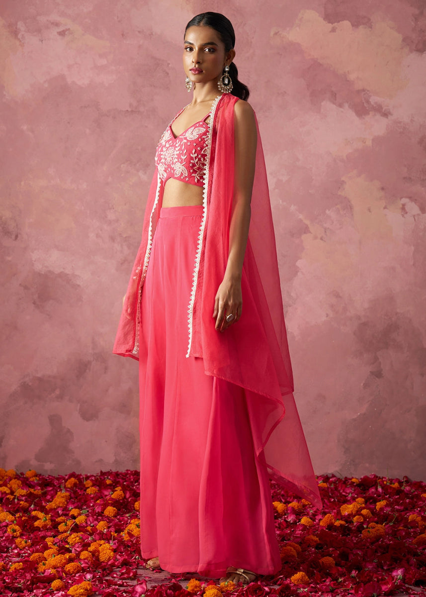 Brink Pink Georgette Sharara Set with Organza Cape & Embroidery - House of Sarvati LLC