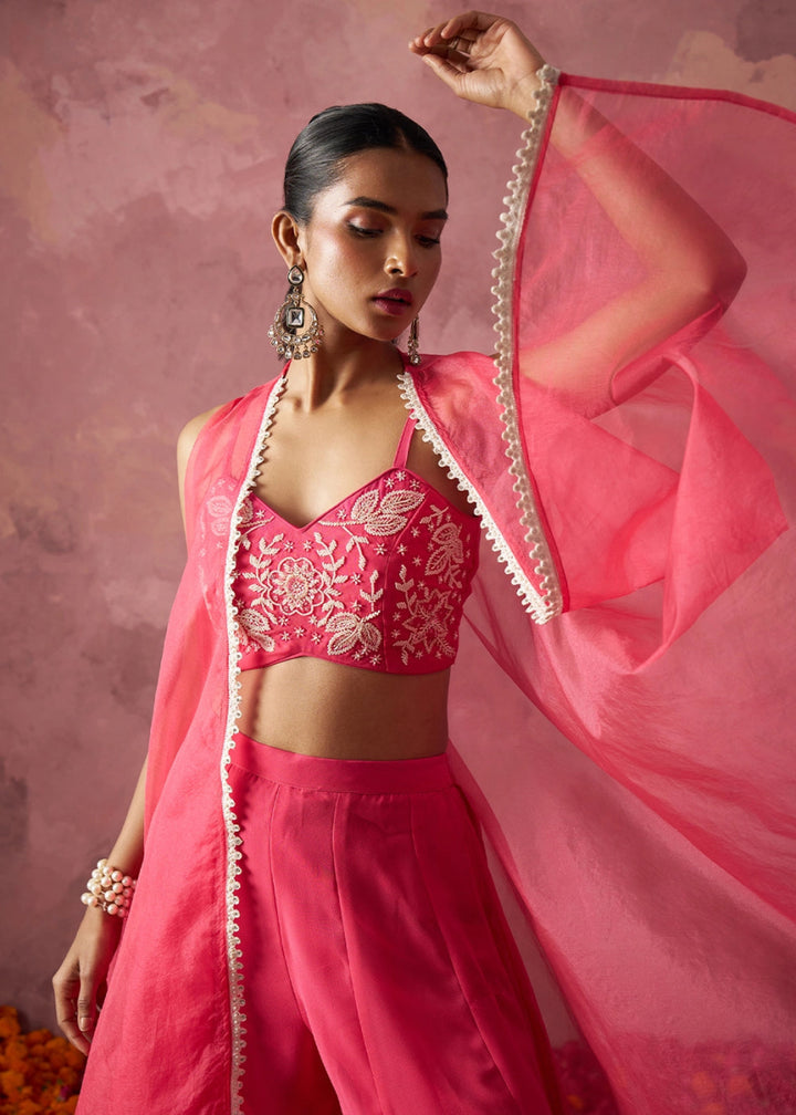 Brink Pink Georgette Sharara Set with Organza Cape & Embroidery - House of Sarvati LLC