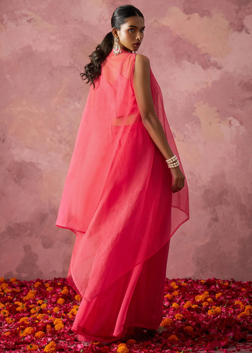 Brink Pink Georgette Sharara Set with Organza Cape & Embroidery - House of Sarvati LLC