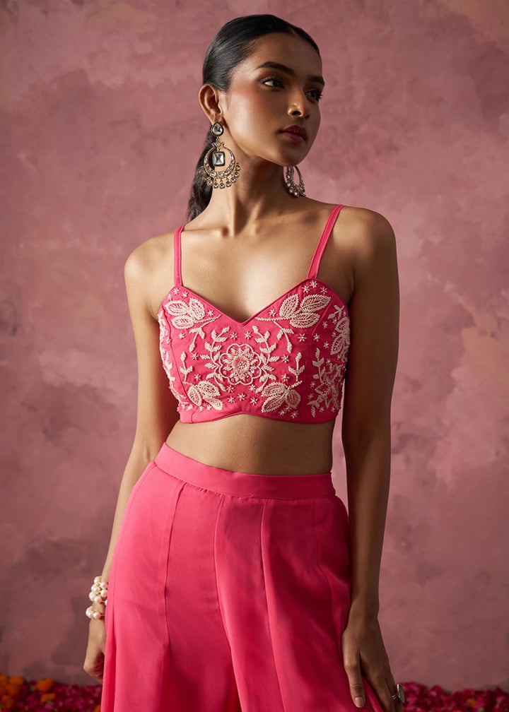 Brink Pink Georgette Sharara Set with Organza Cape & Embroidery - House of Sarvati LLC