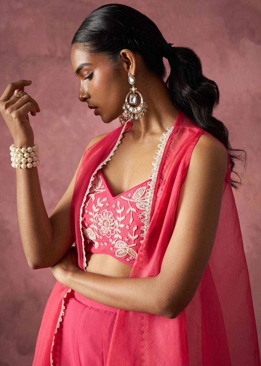 Brink Pink Georgette Sharara Set with Organza Cape & Embroidery - House of Sarvati LLC