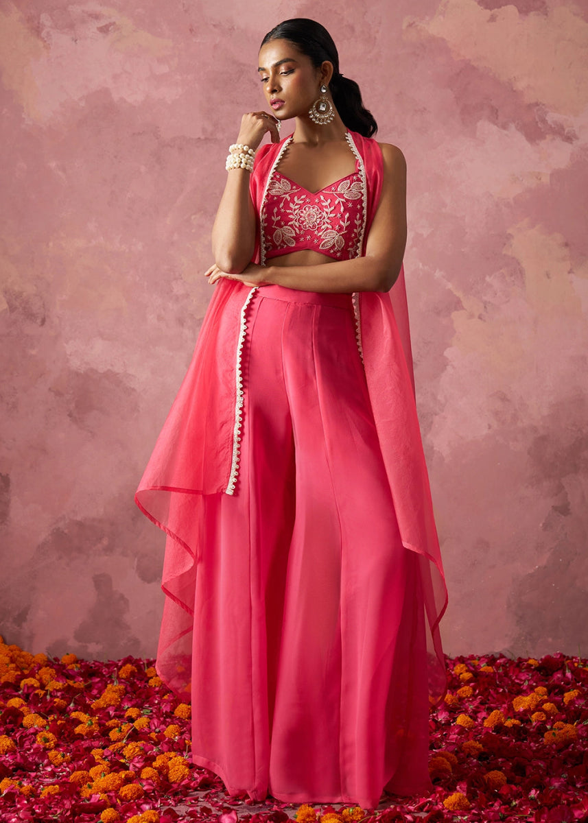 Brink Pink Georgette Sharara Set with Organza Cape & Embroidery - House of Sarvati LLC