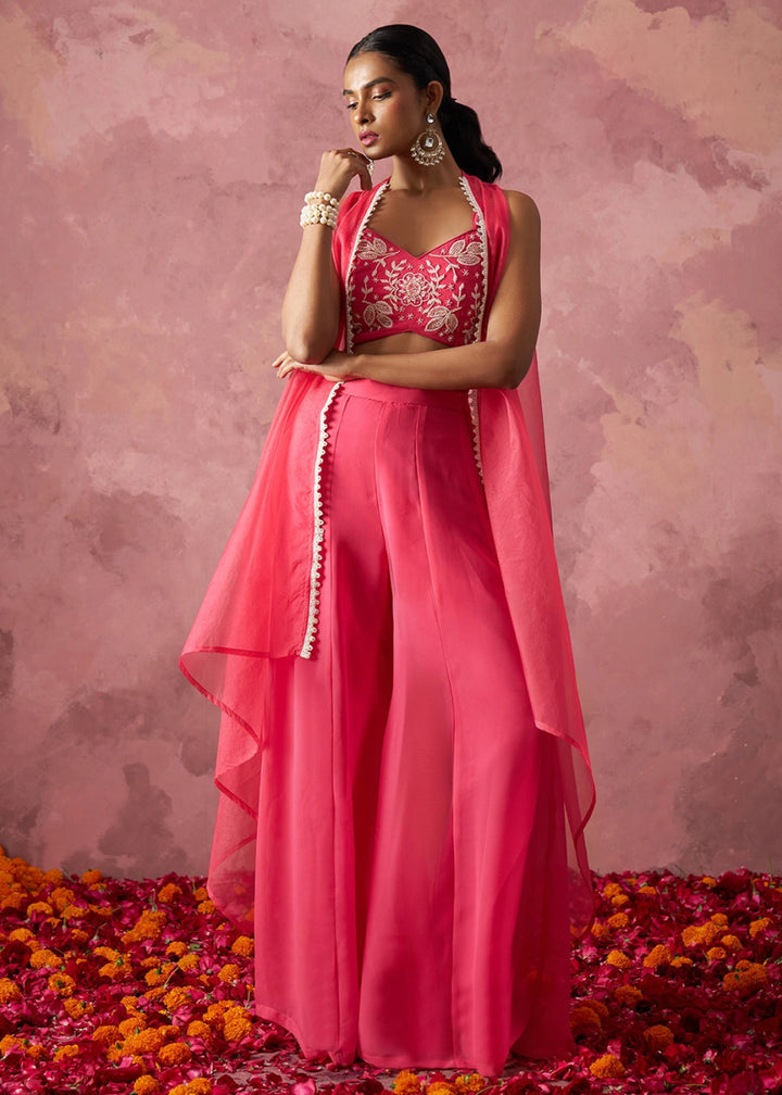 Brink Pink Georgette Sharara Set with Organza Cape & Embroidery - House of Sarvati LLC