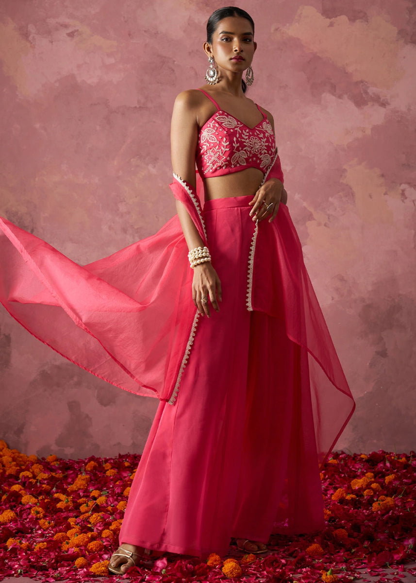 Brink Pink Georgette Sharara Set with Organza Cape & Embroidery - House of Sarvati LLC