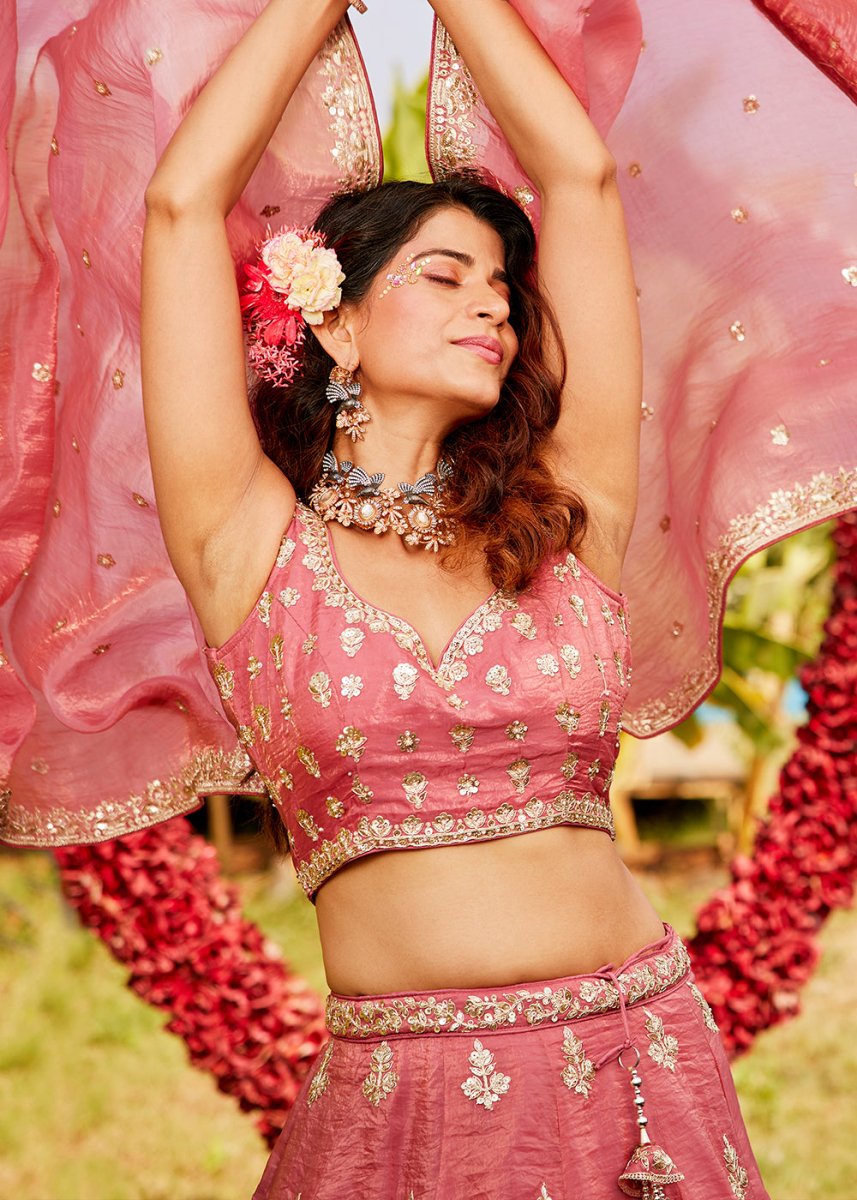 Brink Pink Organza Lehenga Choli with Handcrafted Sequins & Moti work - House of Sarvati LLC