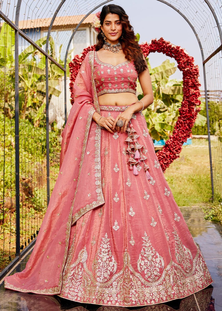 Brink Pink Organza Lehenga Choli with Handcrafted Sequins & Moti work - House of Sarvati LLC